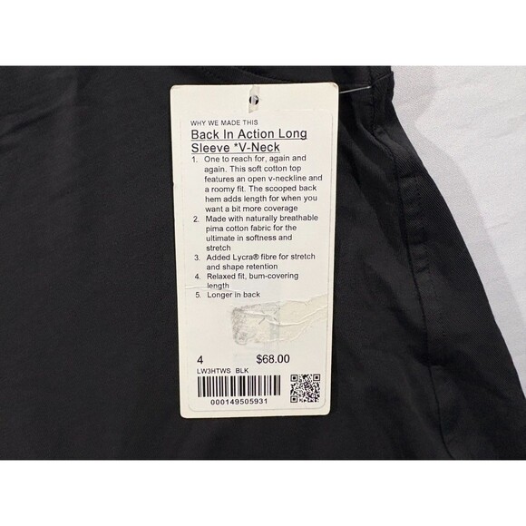 Lululemon Back In Action Long Sleeve V-Neck Pima Cotton Black Womens Sz 4 NWT - Picture 8 of 11